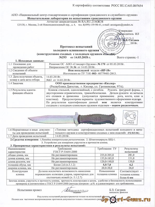 Нож НР-18 Кизляр cертификат соответствия